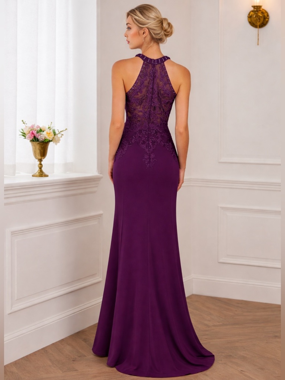 Plum Purple Lace Appliqué Beaded Halter Gown |  Formal Dress | Wedding Guest - Picture 6 of 13